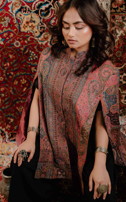 Kashmiri Kani Work Cape Coat - Pink - ARTISANS KASHMIR