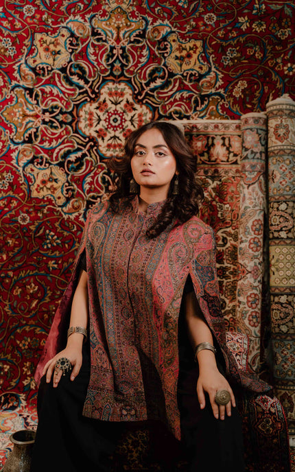 Kashmiri Kani Work Cape Coat - Pink - ARTISANS KASHMIR