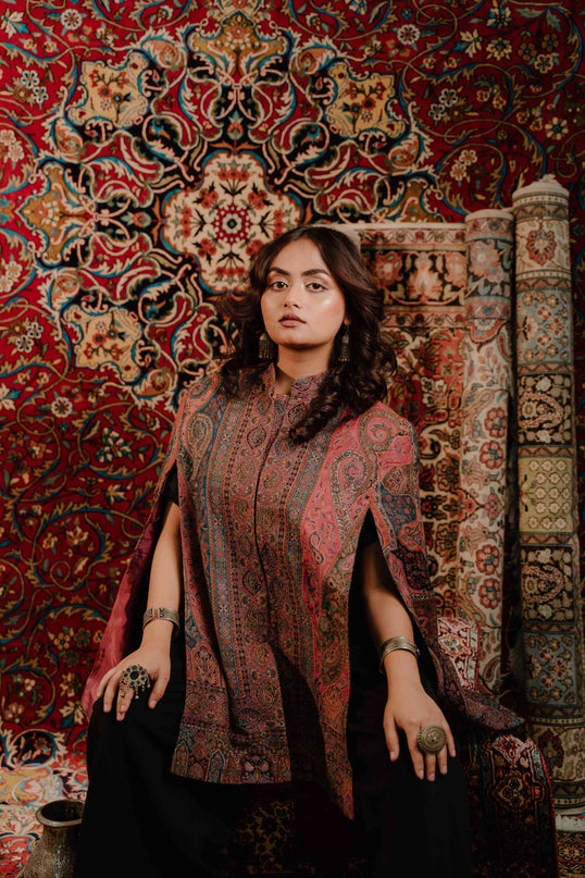 Kashmiri Kani Work Cape Coat - Pink - ARTISANS KASHMIR