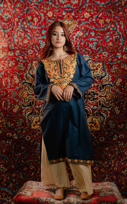 Kashmiri Aari Work Cotton Kurti - Royal Blue | Long - ARTISANS KASHMIR