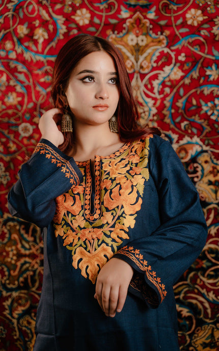 Kashmiri Aari Work Cotton Kurti - Royal Blue | Long - ARTISANS KASHMIR