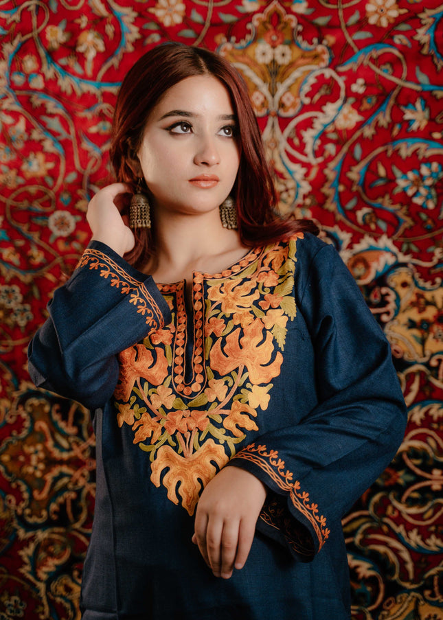 Kashmiri Aari Work Cotton Kurti - Royal Blue | Long - ARTISANS KASHMIR