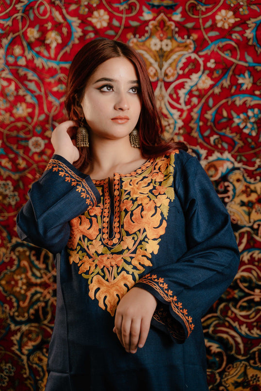 Kashmiri Aari Work Cotton Kurti - Royal Blue | Long - ARTISANS KASHMIR