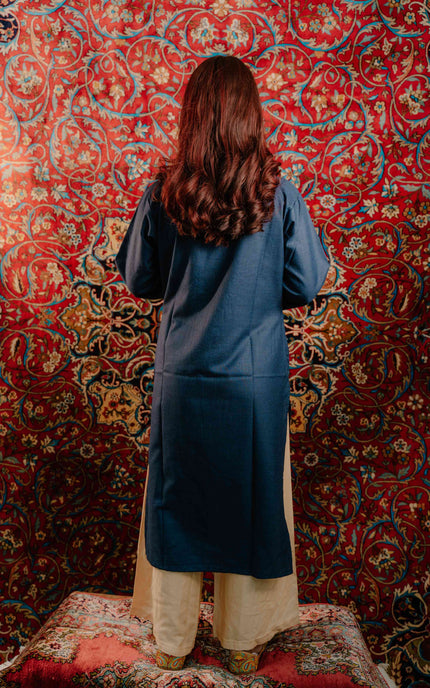 Kashmiri Aari Work Cotton Kurti - Royal Blue | Long - ARTISANS KASHMIR