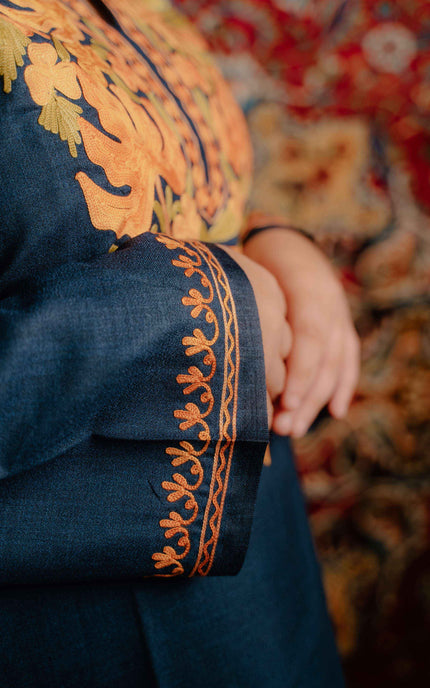 Kashmiri Aari Work Cotton Kurti - Royal Blue | Long - ARTISANS KASHMIR