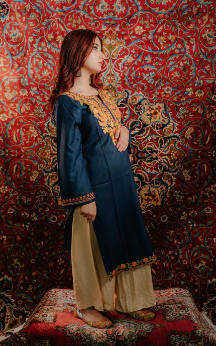 Kashmiri Aari Work Cotton Kurti - Royal Blue | Long - ARTISANS KASHMIR