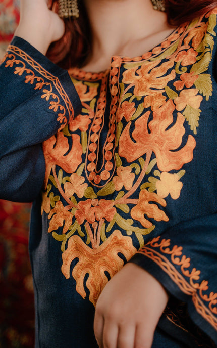 Kashmiri Aari Work Cotton Kurti - Royal Blue | Long - ARTISANS KASHMIR