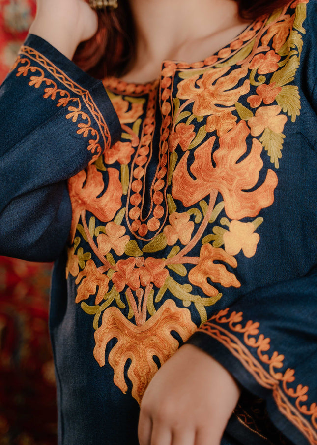 Kashmiri Aari Work Cotton Kurti - Royal Blue | Long - ARTISANS KASHMIR