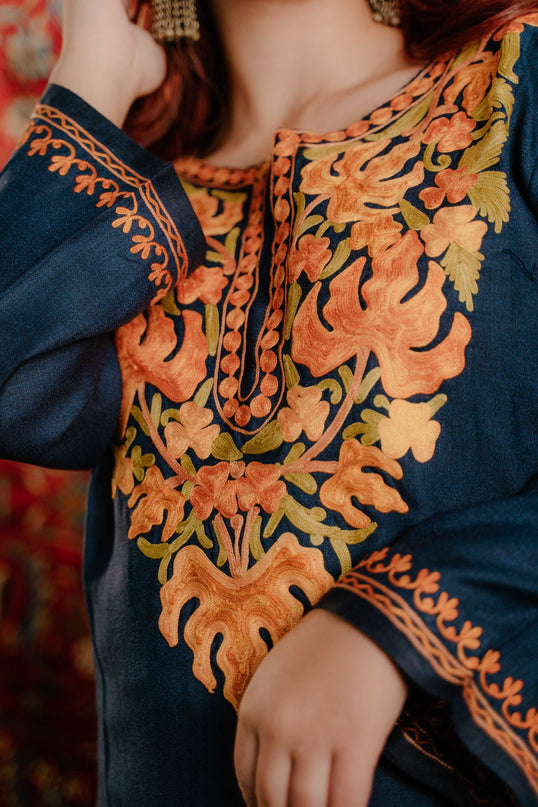 Kashmiri Aari Work Cotton Kurti - Royal Blue | Long - ARTISANS KASHMIR