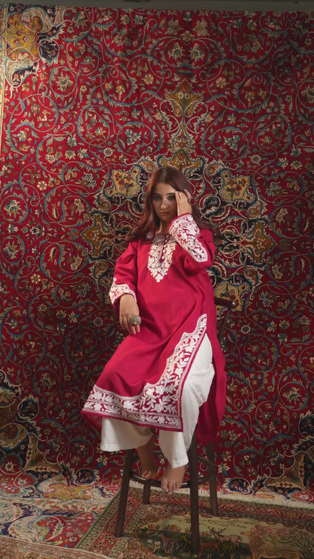 Kashmiri Aari Work Cotton Kurti - Red | Long